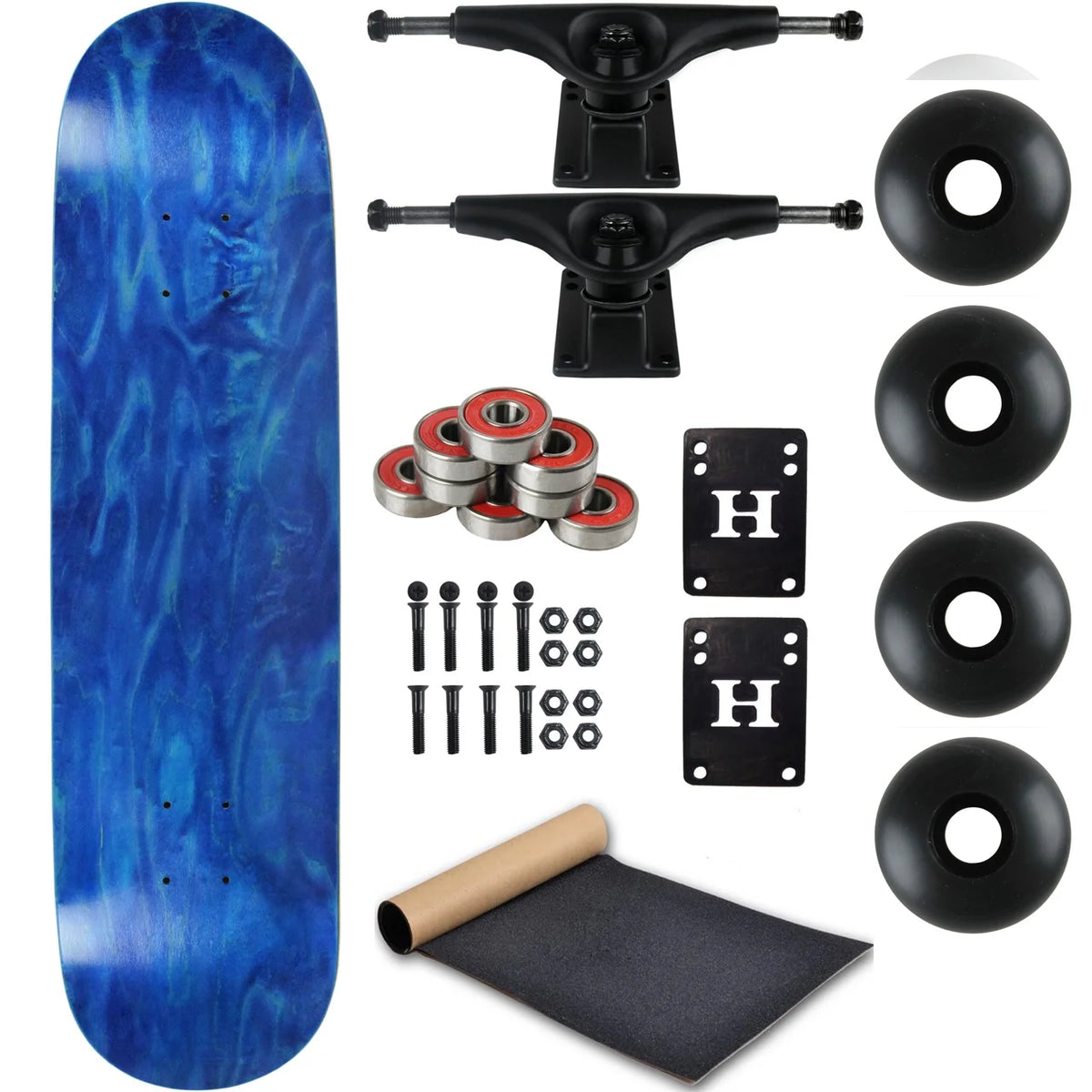 Stain Blue 8.0" Complete Skateboard with Black Trucks and Black Wheels J73108