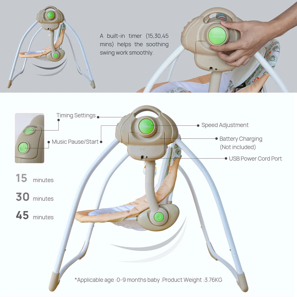 Portable Electric Baby Swing 6-25 lb Khaki E4070