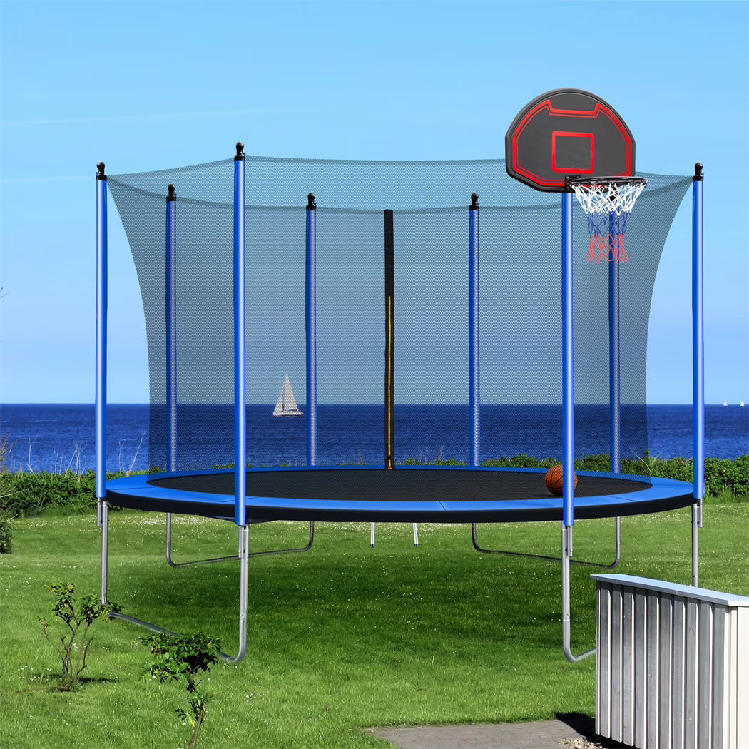 10FT Trampoline with Basketball Hoop, Inflator, Ladder, Safety Enclosure Net, Blue V284