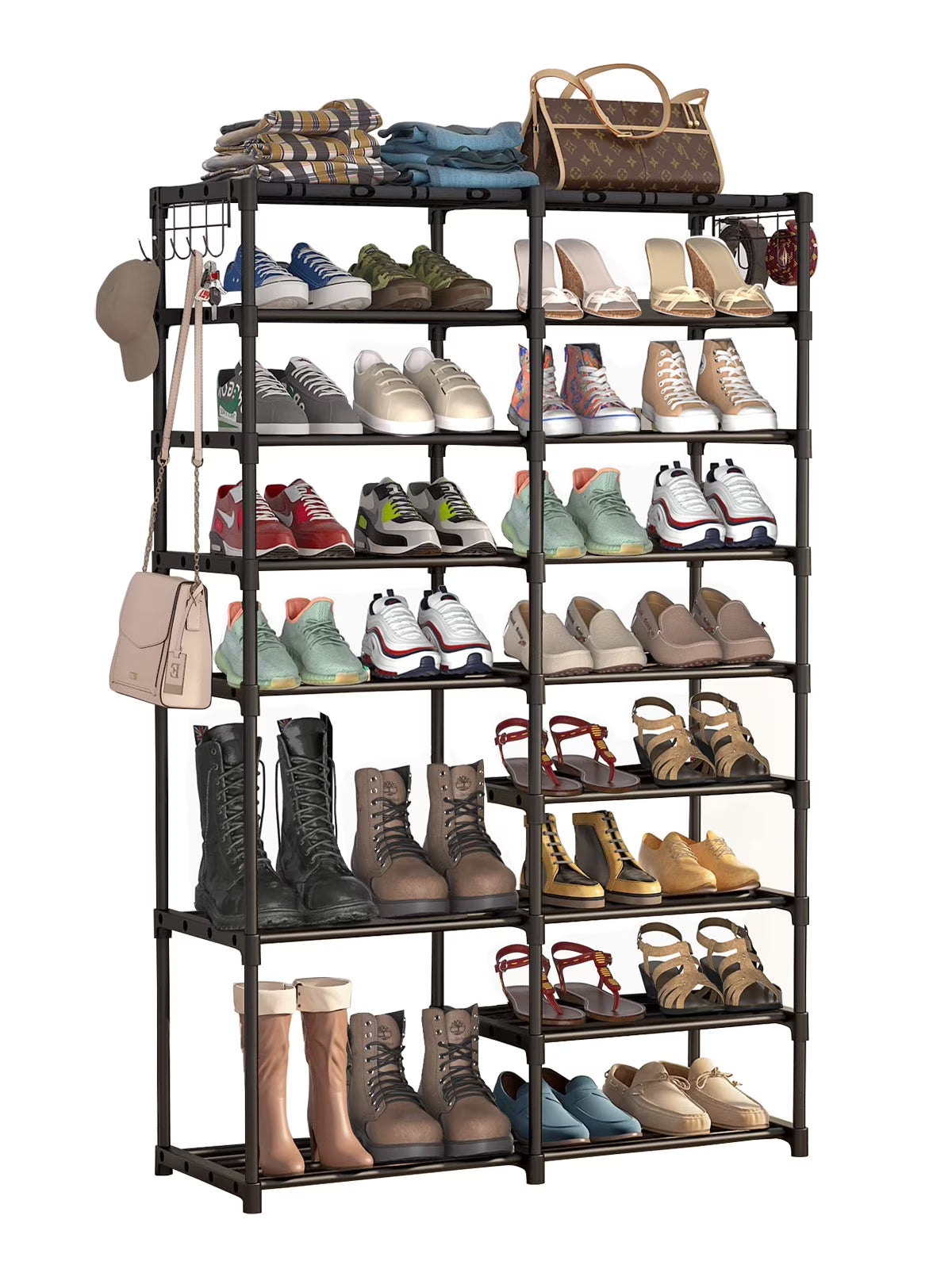 Black 9 Tiers Stackable Shoe Rack with 2 Hooks Y9711