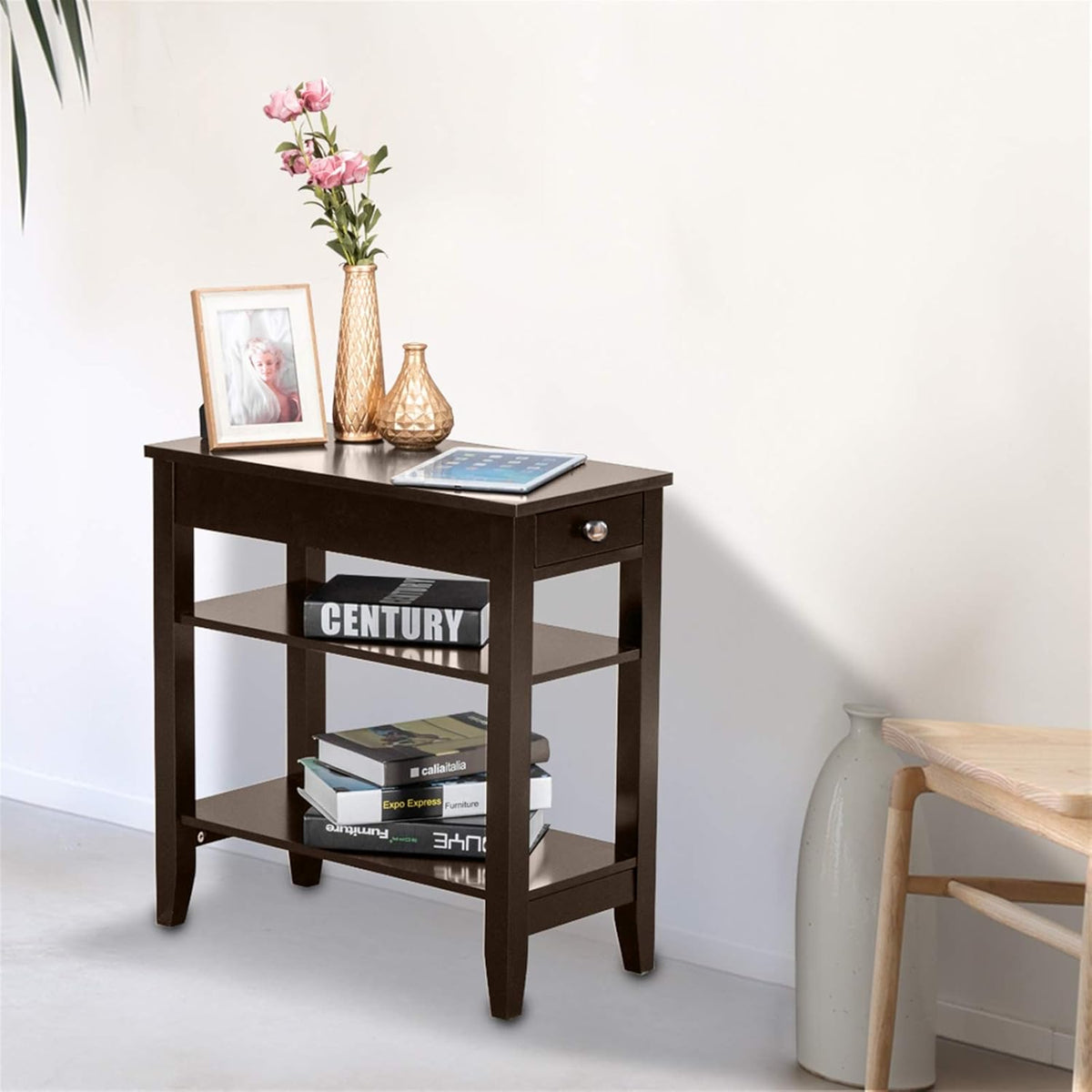 Brown End Table with Drawer, 2-Tier Open Storage Shelves, 11.2" L x 23.62" W x 24" H R539