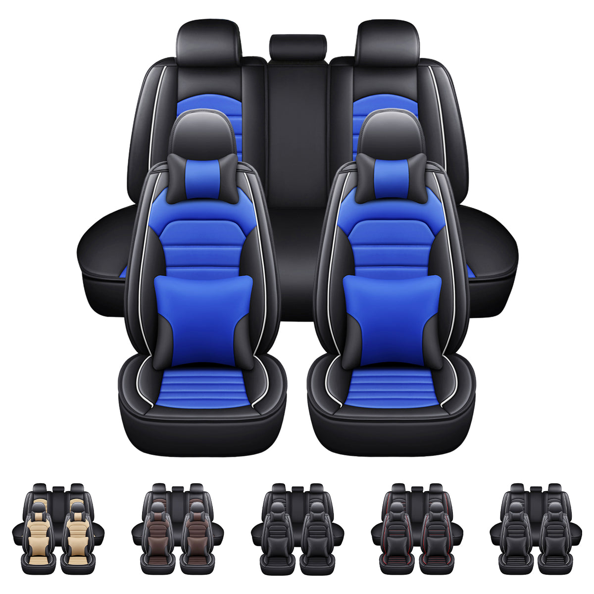 Black+Blue Waterproof PU Leather Full Set Car Seat Covers D12447