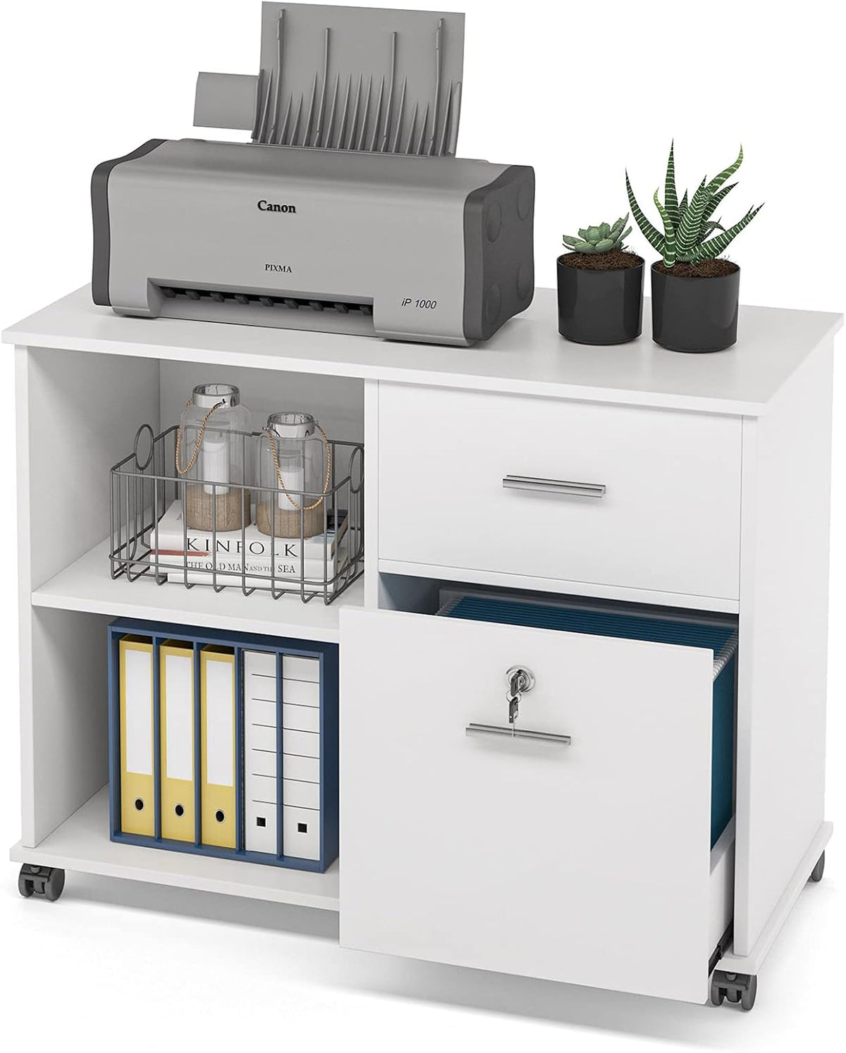 2 Drawer White Mobile File Cabinet with Lock and Shelves X3437