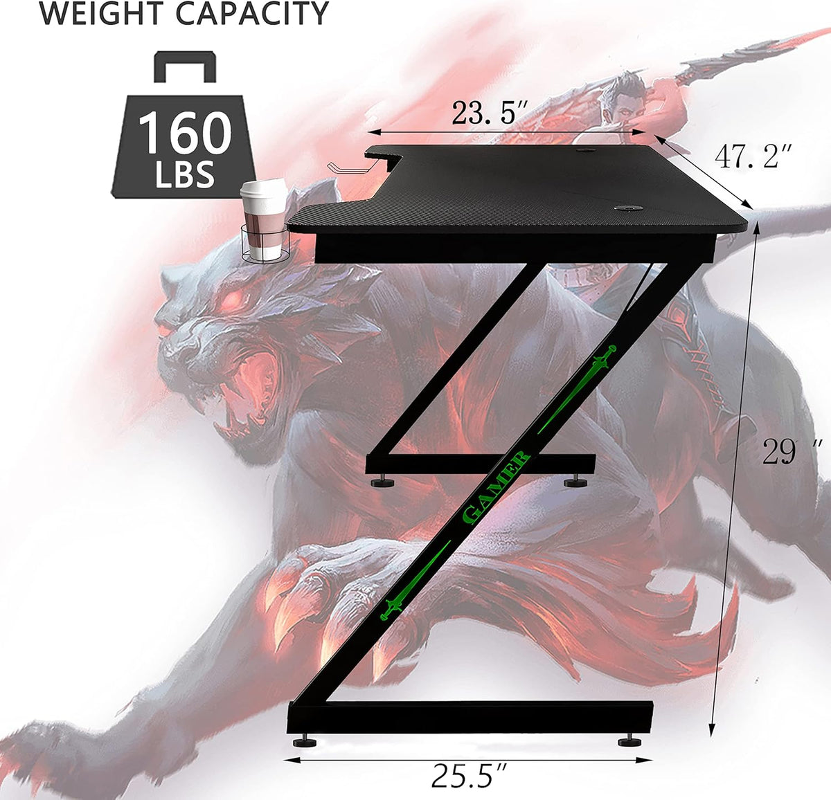 Black 47 inch Gaming Desk with Carbon Fiber Surface V108