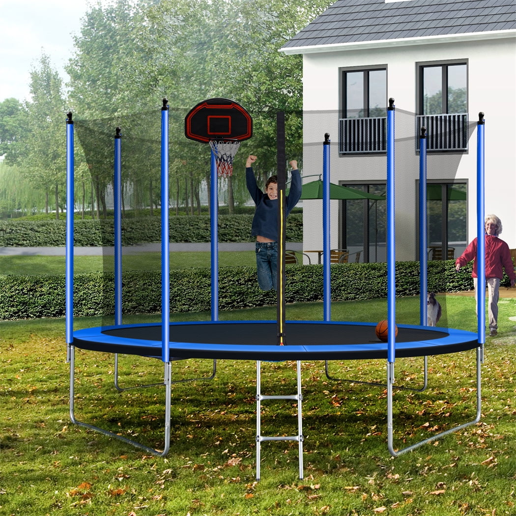 10FT Trampoline with Basketball Hoop, Inflator, Ladder, Safety Enclosure Net, Blue V284