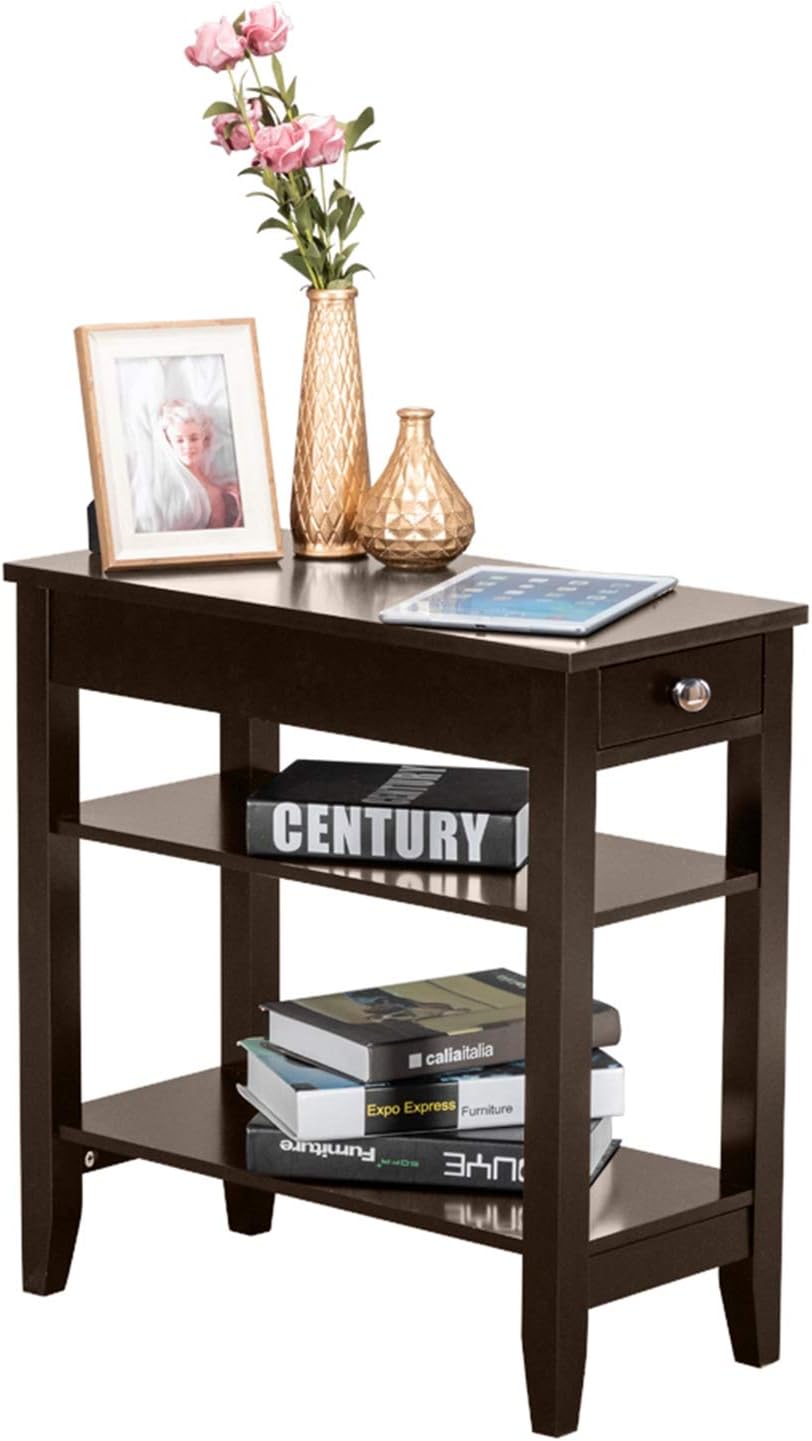 Brown End Table with Drawer, 2-Tier Open Storage Shelves, 11.2" L x 23.62" W x 24" H R539