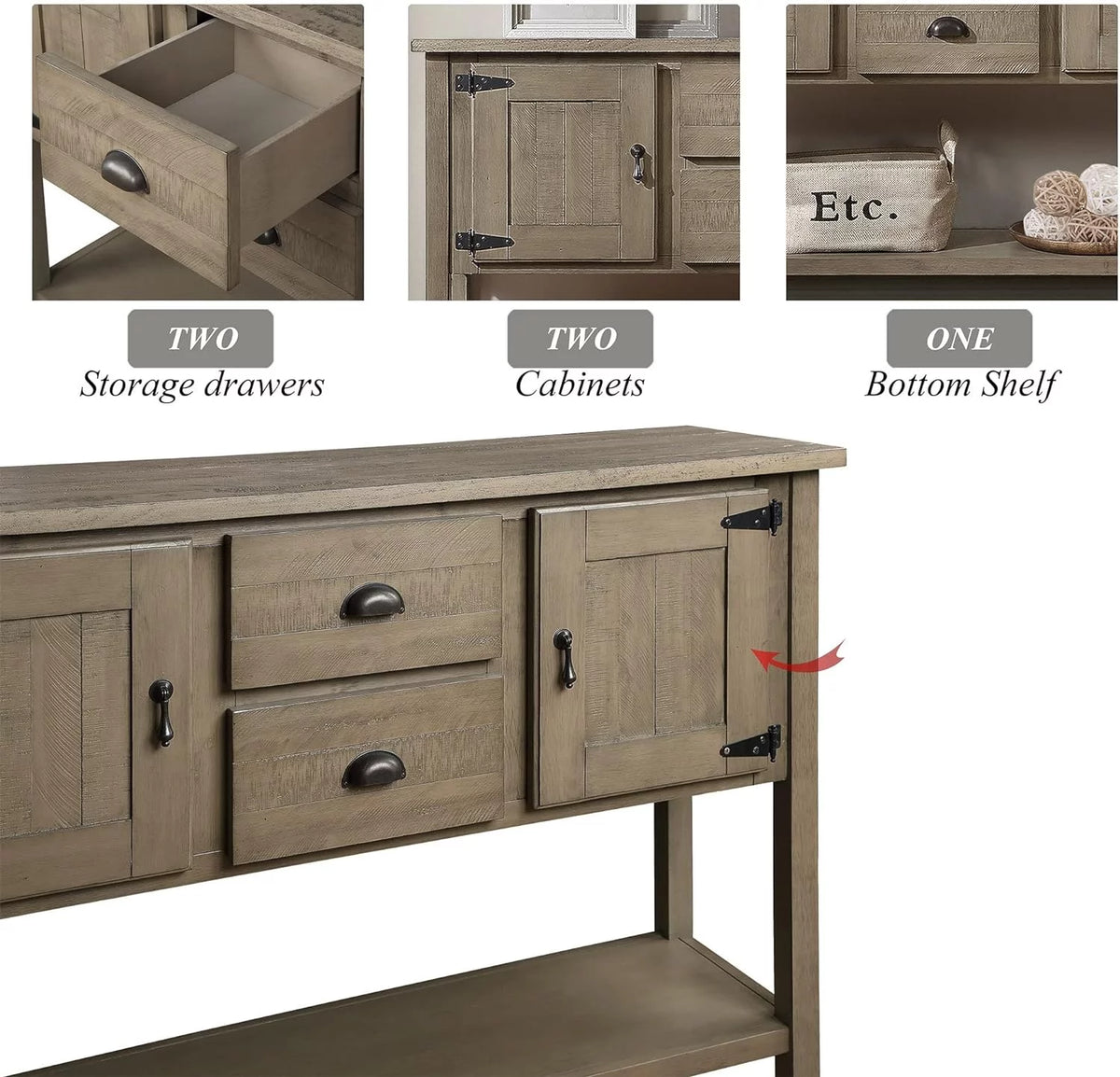 48 Inch Console Table With 2 Drawers And Cabinets And Bottom Shelf Solid Wood Sideboard Storage Buffet Server Cabinet M2975