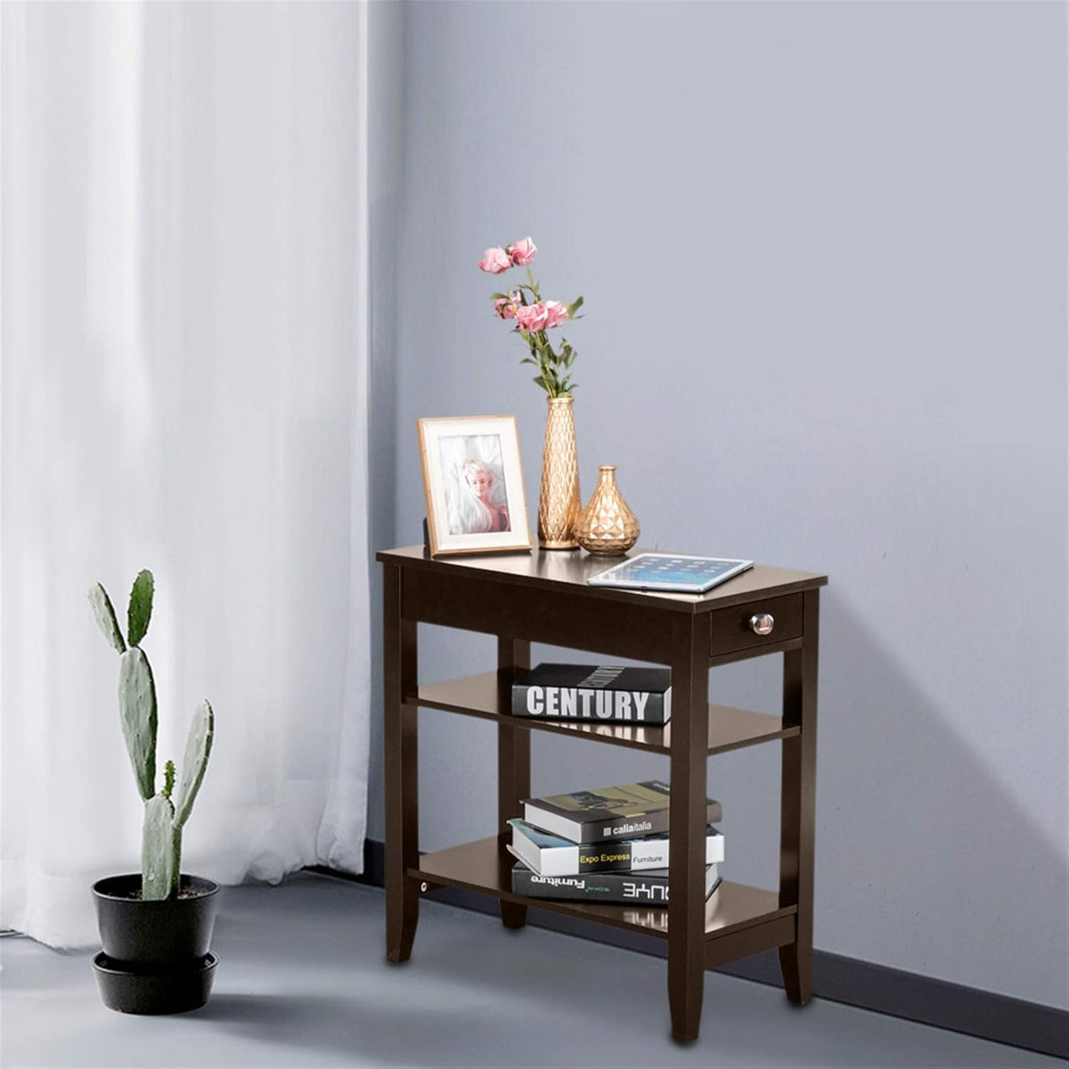 Brown End Table with Drawer, 2-Tier Open Storage Shelves, 11.2" L x 23.62" W x 24" H R539