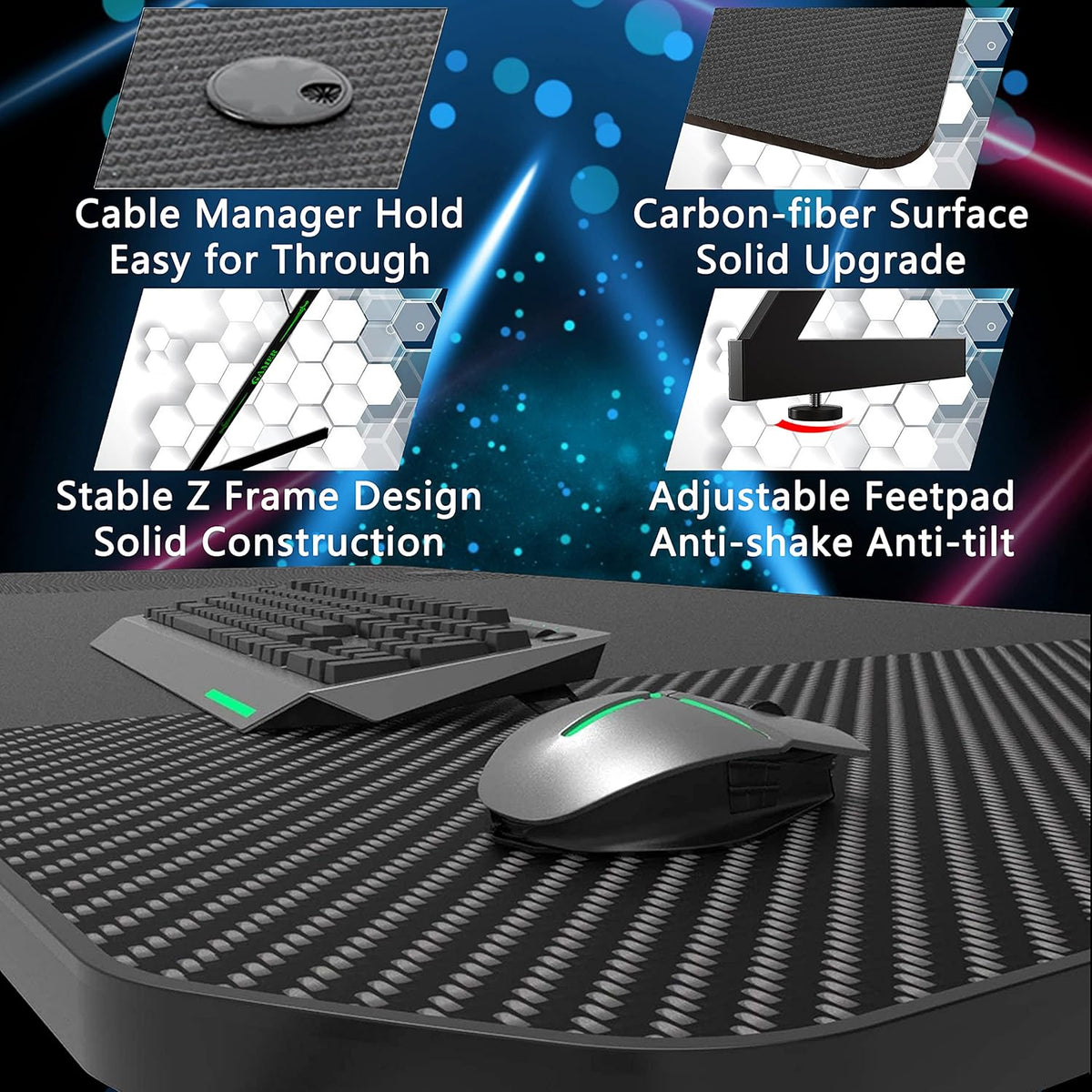 Black 47 inch Gaming Desk with Carbon Fiber Surface V108