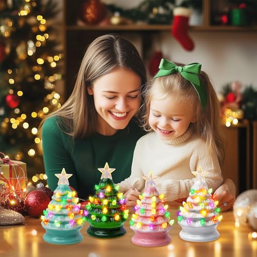 5 Inch Mini Ceramic Christmas Tree Set - 4 Pack Pre-lit with Multicolored LED Lights U570