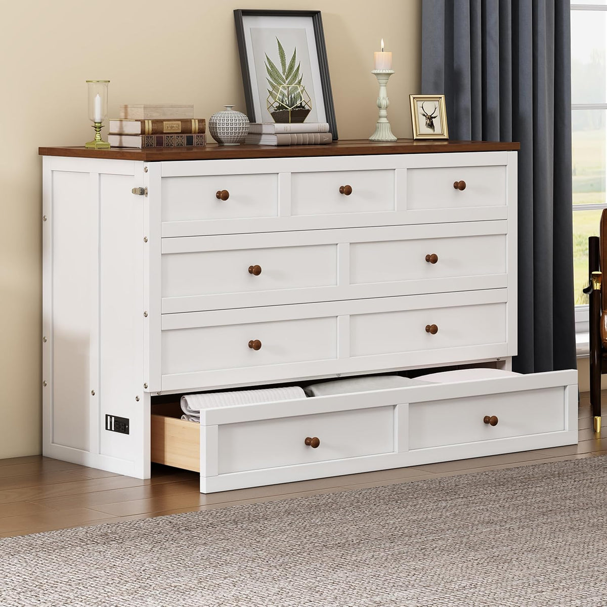 White+Walnut Full Size Murphy Bed with Large Drawer M1333