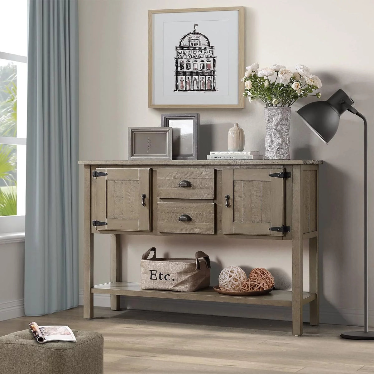 48 Inch Console Table With 2 Drawers And Cabinets And Bottom Shelf Solid Wood Sideboard Storage Buffet Server Cabinet M2975