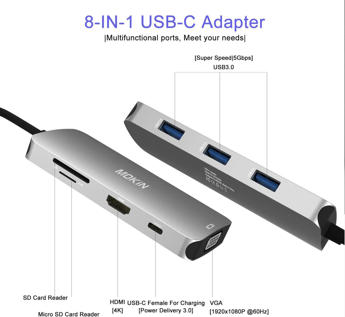 USB C Hub Multiport Adapter with HDMI VGA SD TF Card Reader 3 USB 3.0 Q976