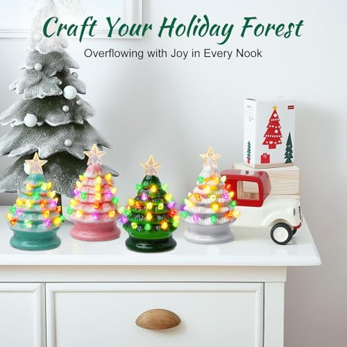 5 Inch Mini Ceramic Christmas Tree Set - 4 Pack Pre-lit with Multicolored LED Lights U570