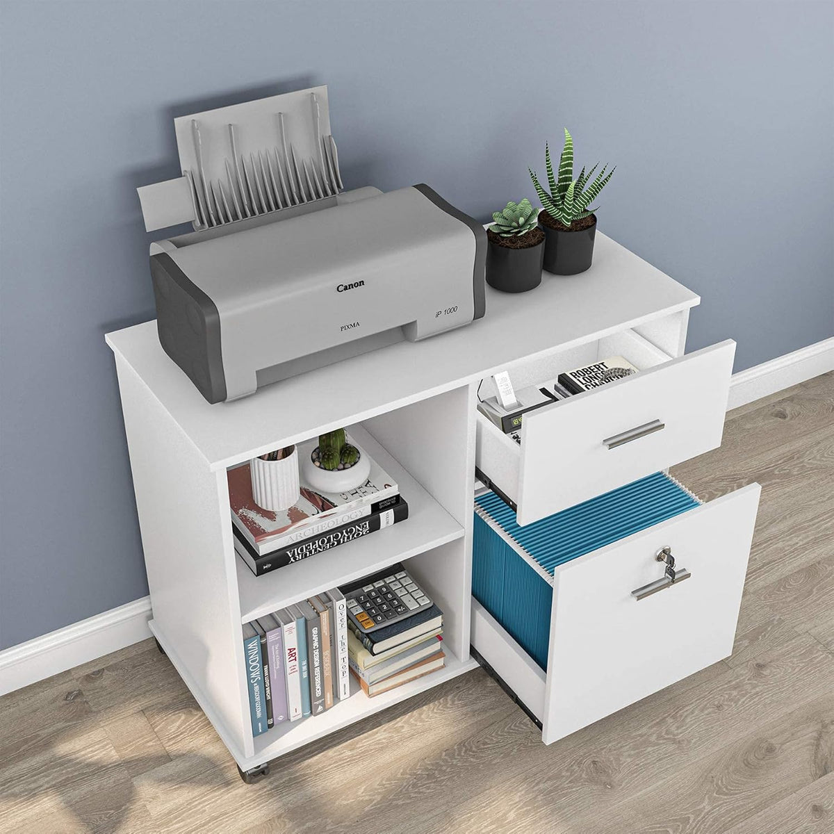 2 Drawer White Mobile File Cabinet with Lock and Shelves X3437
