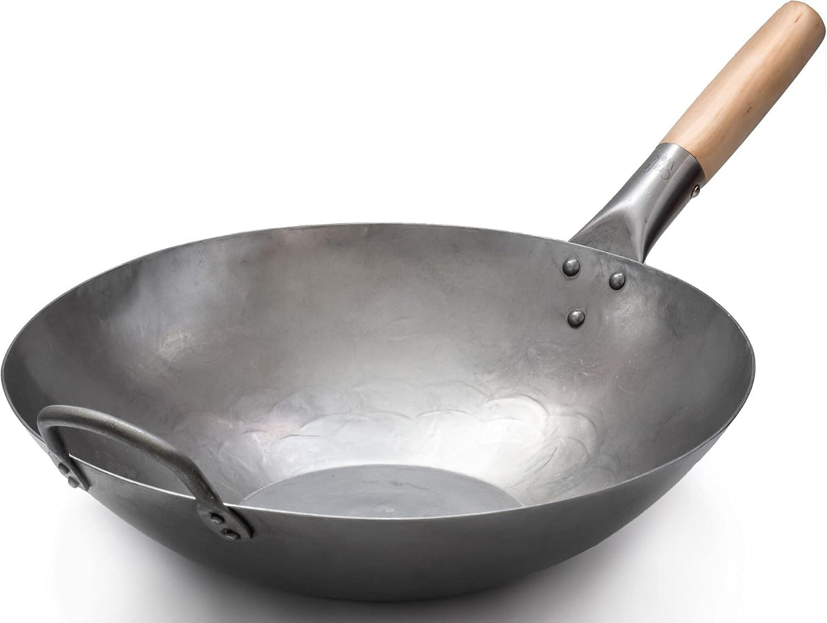 Flat Hand Hammered Carbon Steel Wok with Helper Handle 14 Inch S27911