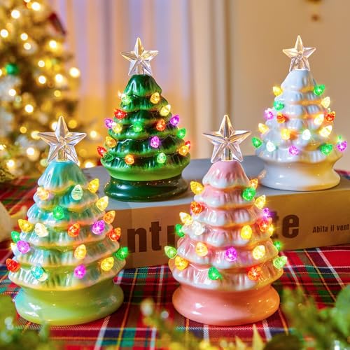 5 Inch Mini Ceramic Christmas Tree Set - 4 Pack Pre-lit with Multicolored LED Lights U570
