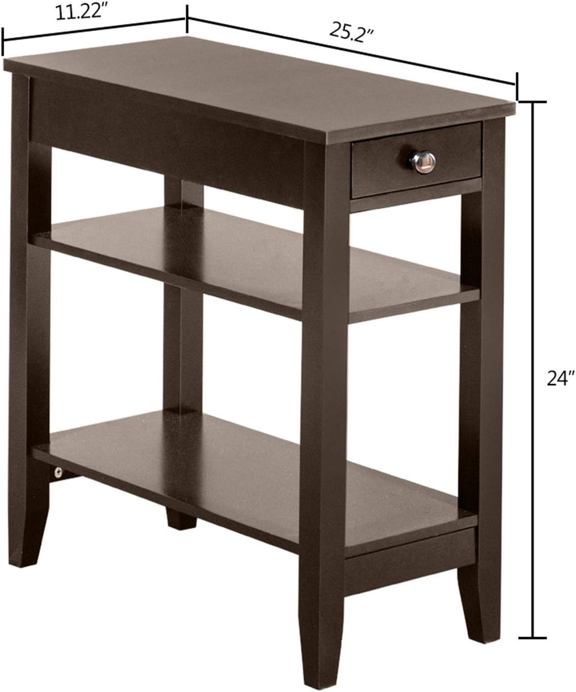 Brown End Table with Drawer, 2-Tier Open Storage Shelves, 11.2" L x 23.62" W x 24" H R539