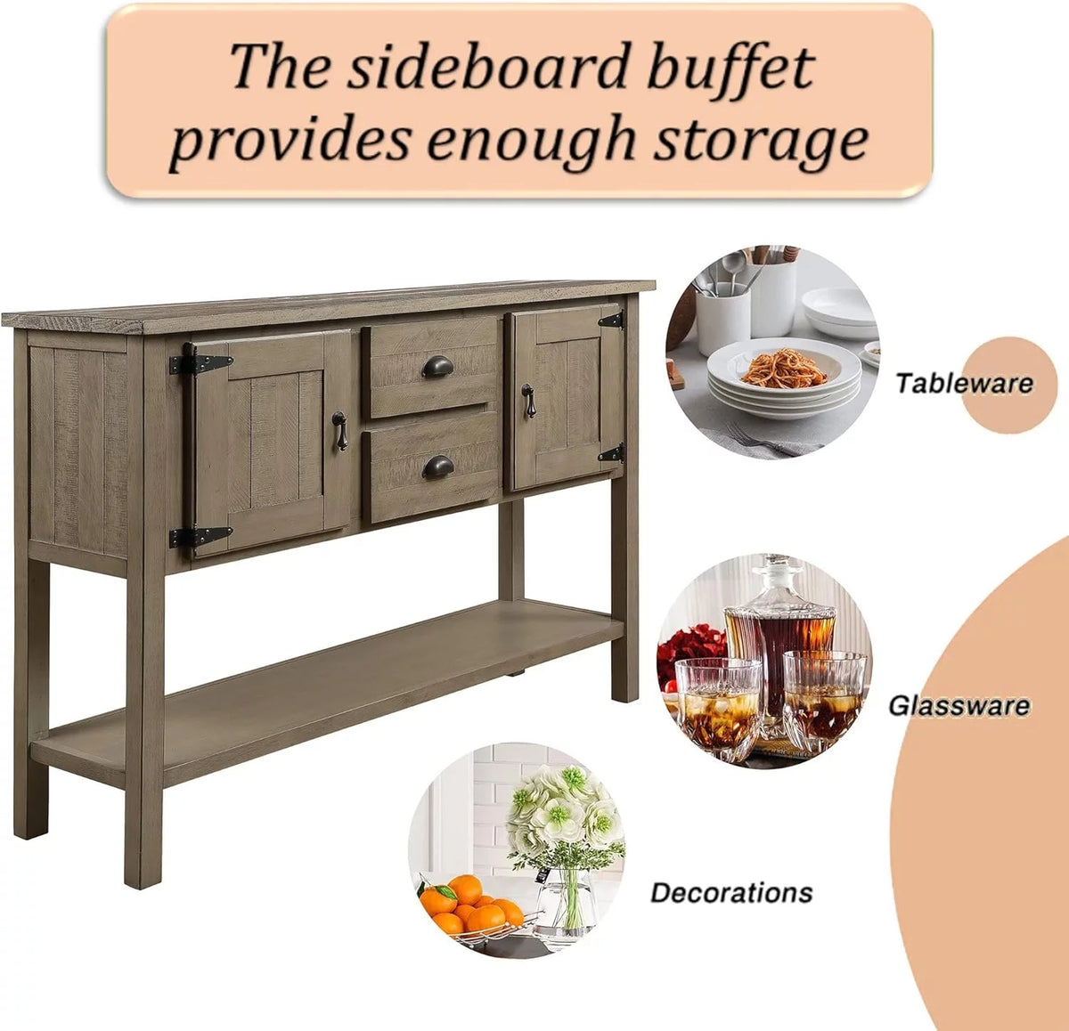 48 Inch Console Table With 2 Drawers And Cabinets And Bottom Shelf Solid Wood Sideboard Storage Buffet Server Cabinet M2975