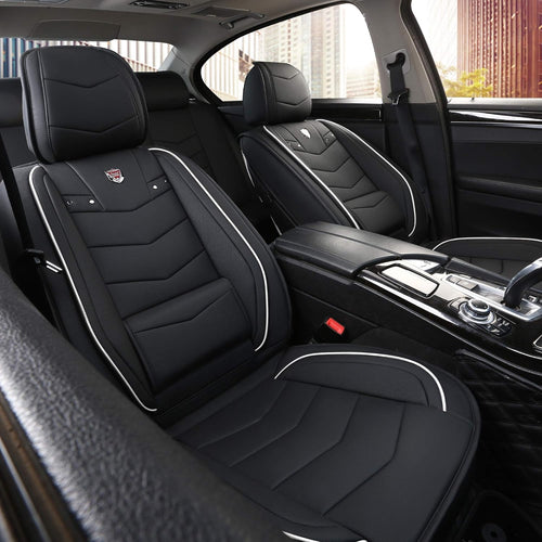 2 Front Car Seat Cover Waterproof with Built-in Lumbar Support Black White C82589