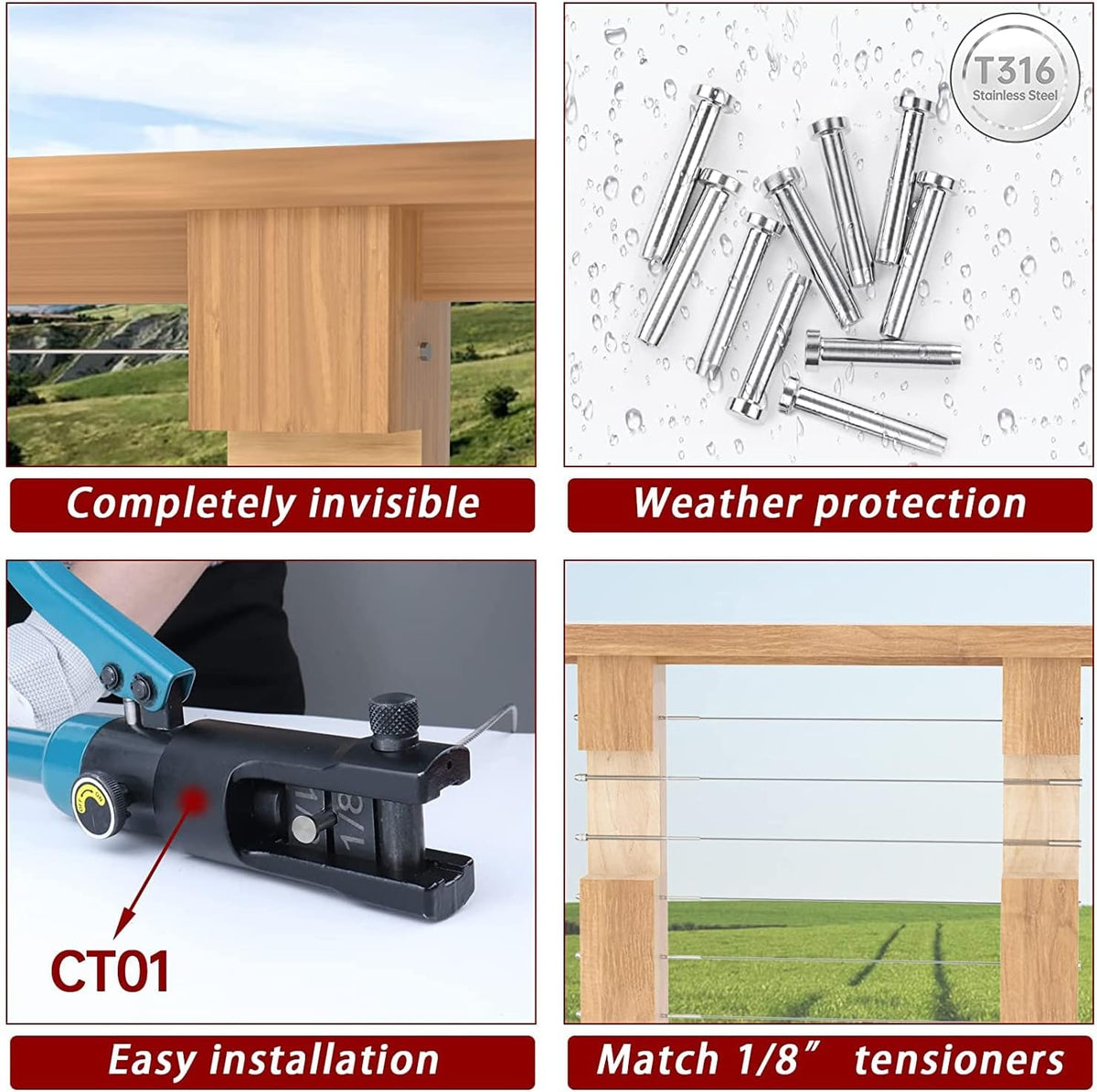 40Pack 1/8 Stemball Swage Dead End Invisible Cable Railing Kit Hardware Terminal Round Head T316 Stainless Steel J4704
