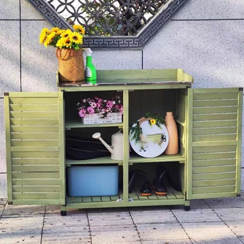 Green Outdoor Potting Bench with Metal Top and Wooden Storage Cabinet P61648
