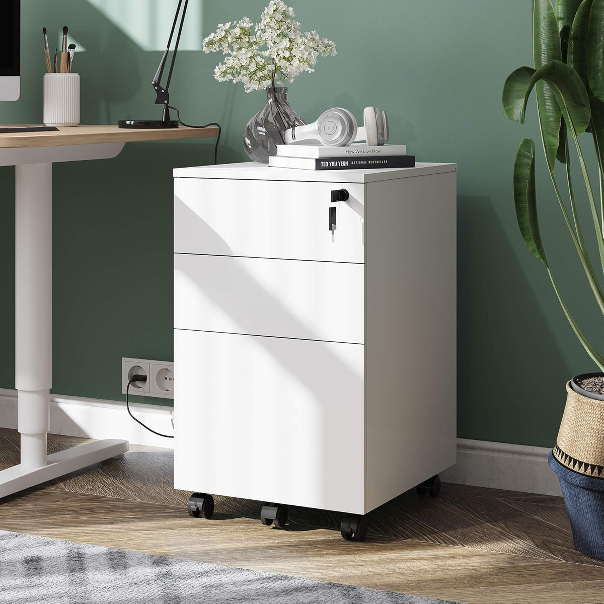 White 3 Drawer Wood Rolling File Cabinet with Lock K98090