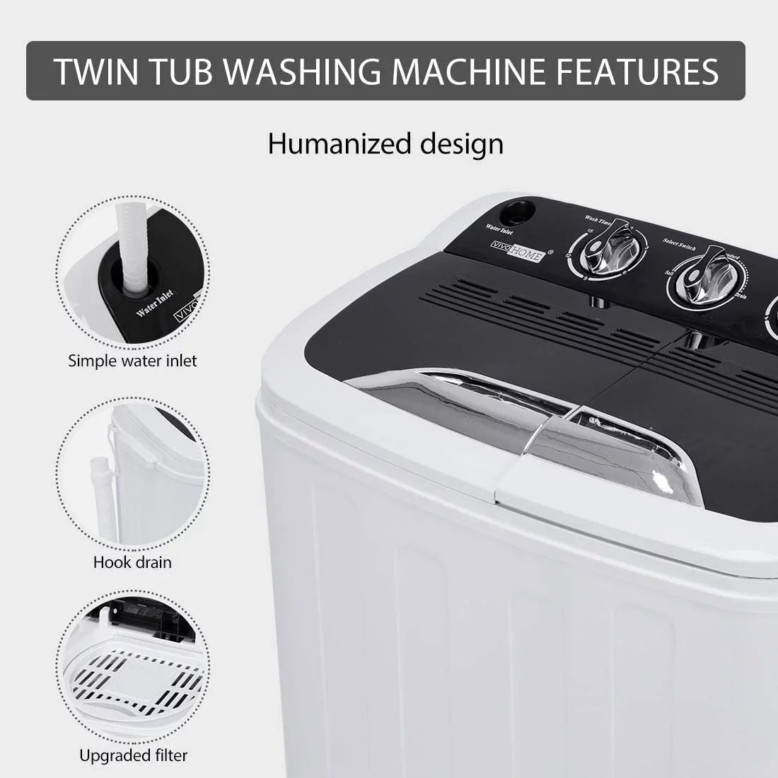 Portable Twin Tub Mini Laundry Washer and Spin Dryer Combo 13.5lbs G57837