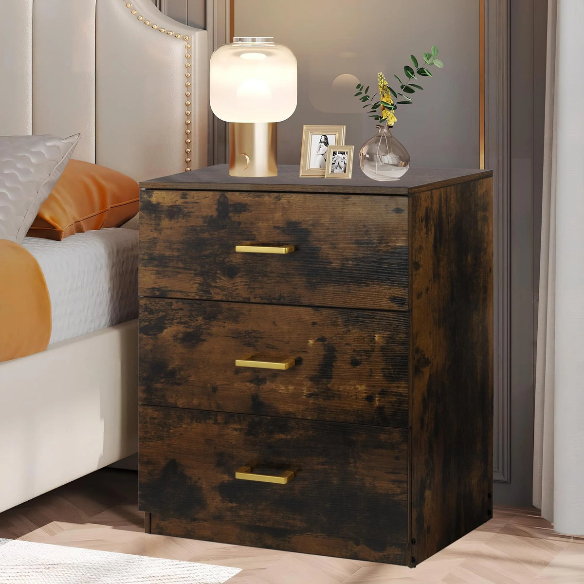 Black 3 Drawer Wood Nightstand Q62411
