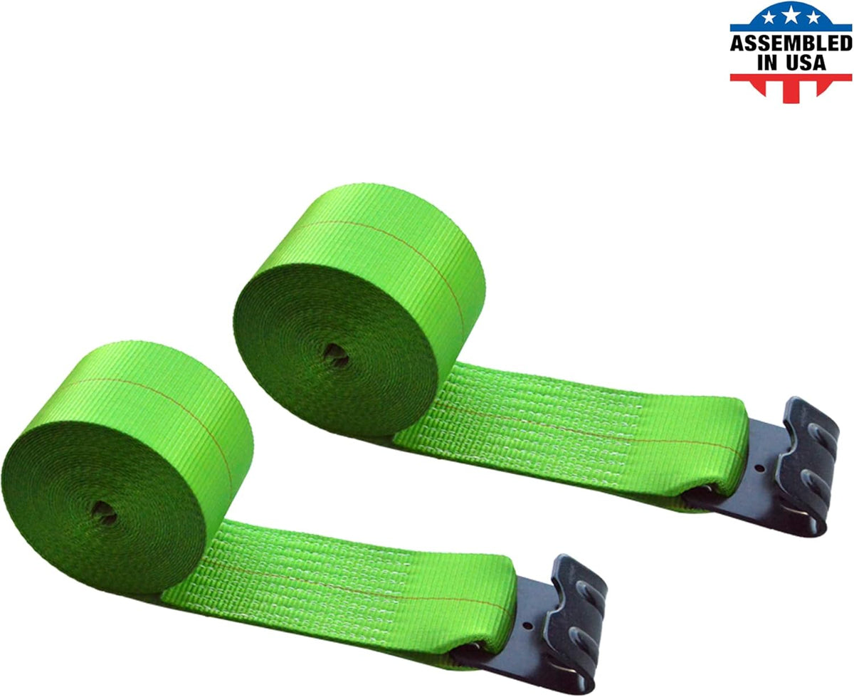Green Tie Down Straps, Pack of 4, 4 x 60' Heavy Duty Winch Strap with Flat Hooks N25446