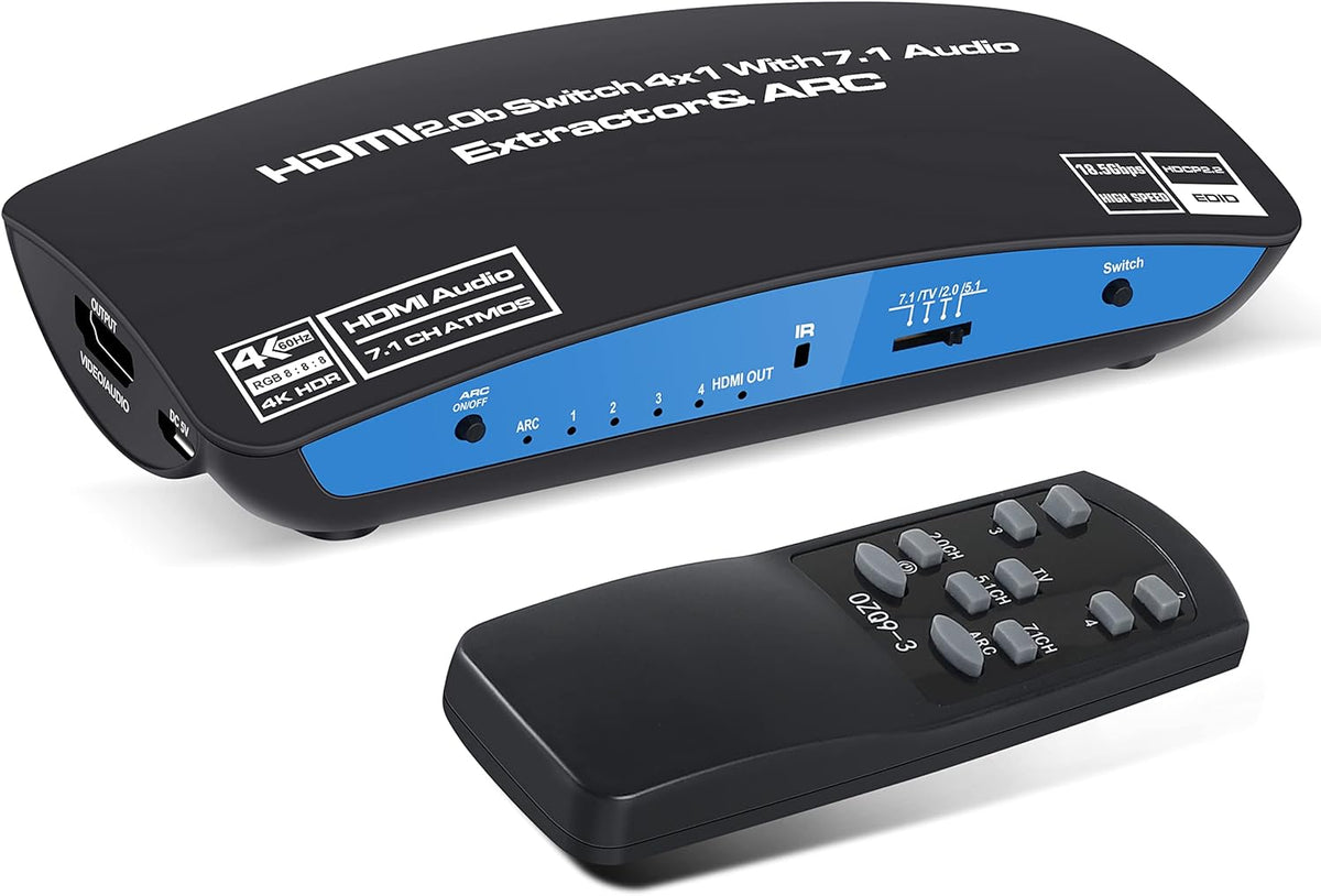 4K@60Hz HDMI Switch 4x1 with 7.1 Audio Extractor, 4 Port HDMI2.0b Switch Box with Remote, Pack of 2 N208