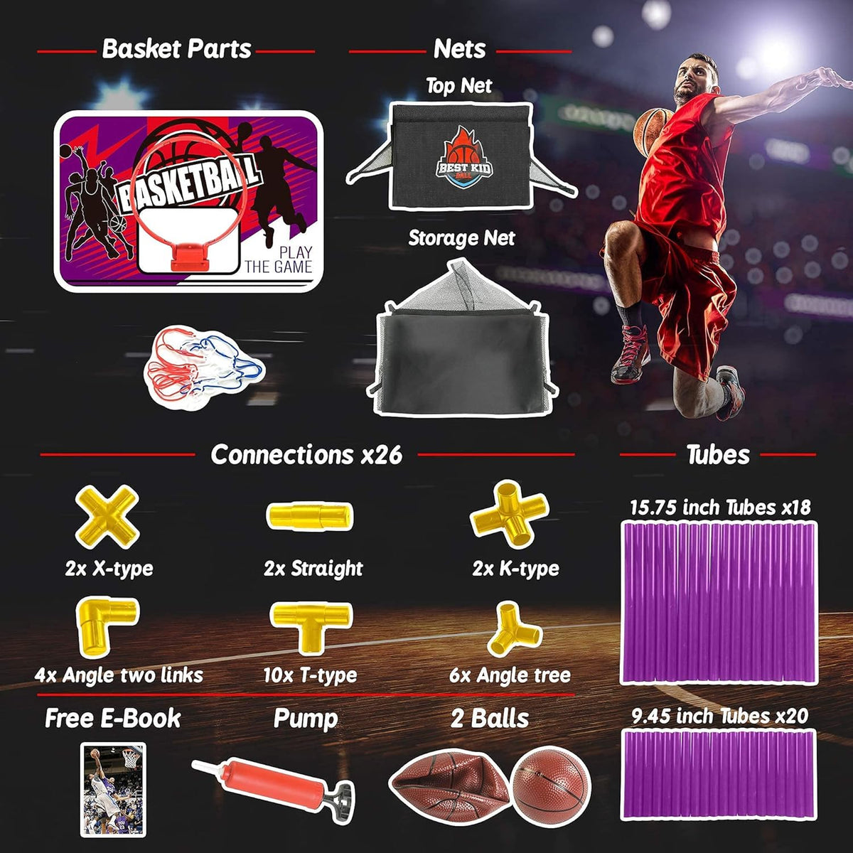 Indoor Arcade Basketball Hoop with 2 Basketballs and Air Pump J434