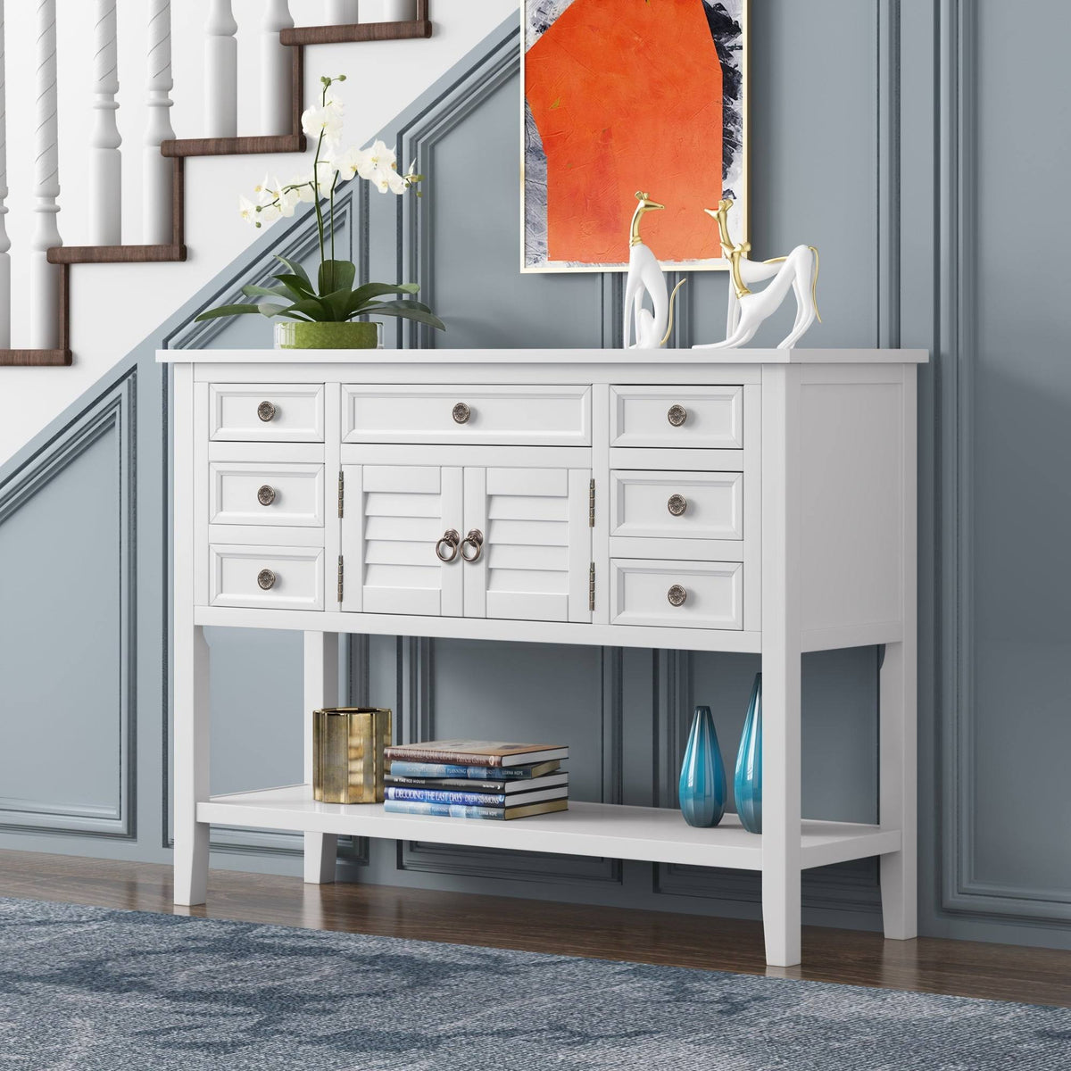 Blue 7 Drawer Console Table with Cabinet I60613
