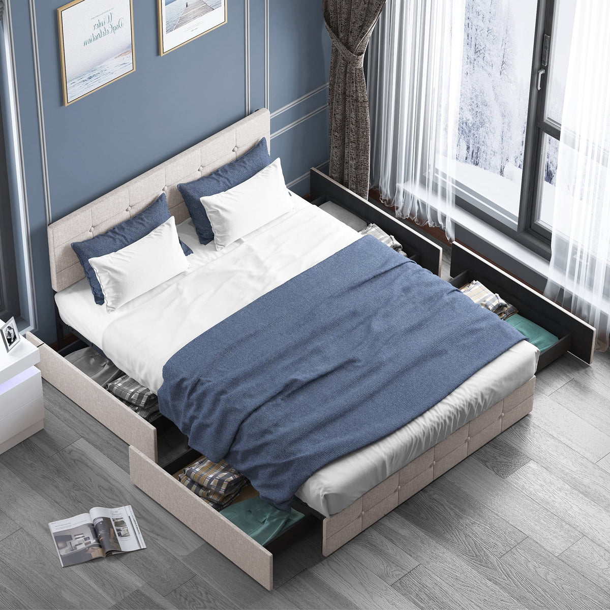 Black Linen Fabric Full Storage Bed Frame with Upholstered Headboard A268223