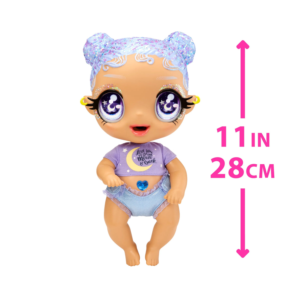 Pastel Purple Glitter Hair Baby Doll with Diaper, Bottle, Pacifier Accessories V586