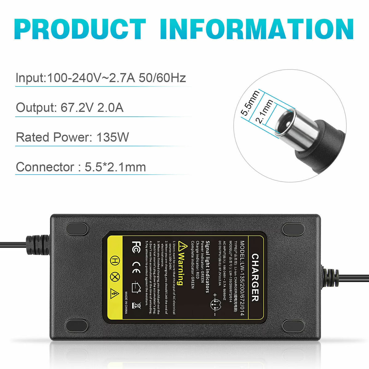 67.2V 2A T Plug Charger for 60V Li-ion Battery Electric Scooter E-bike Bicycle K2336