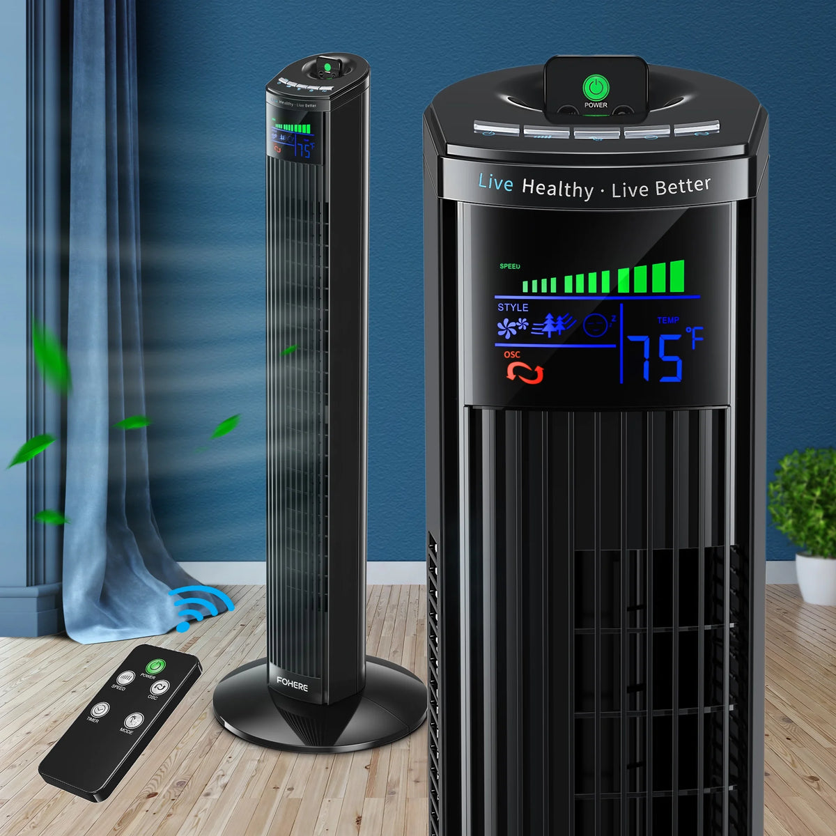Black Oscillating Tower Fan with Remote Control J55010