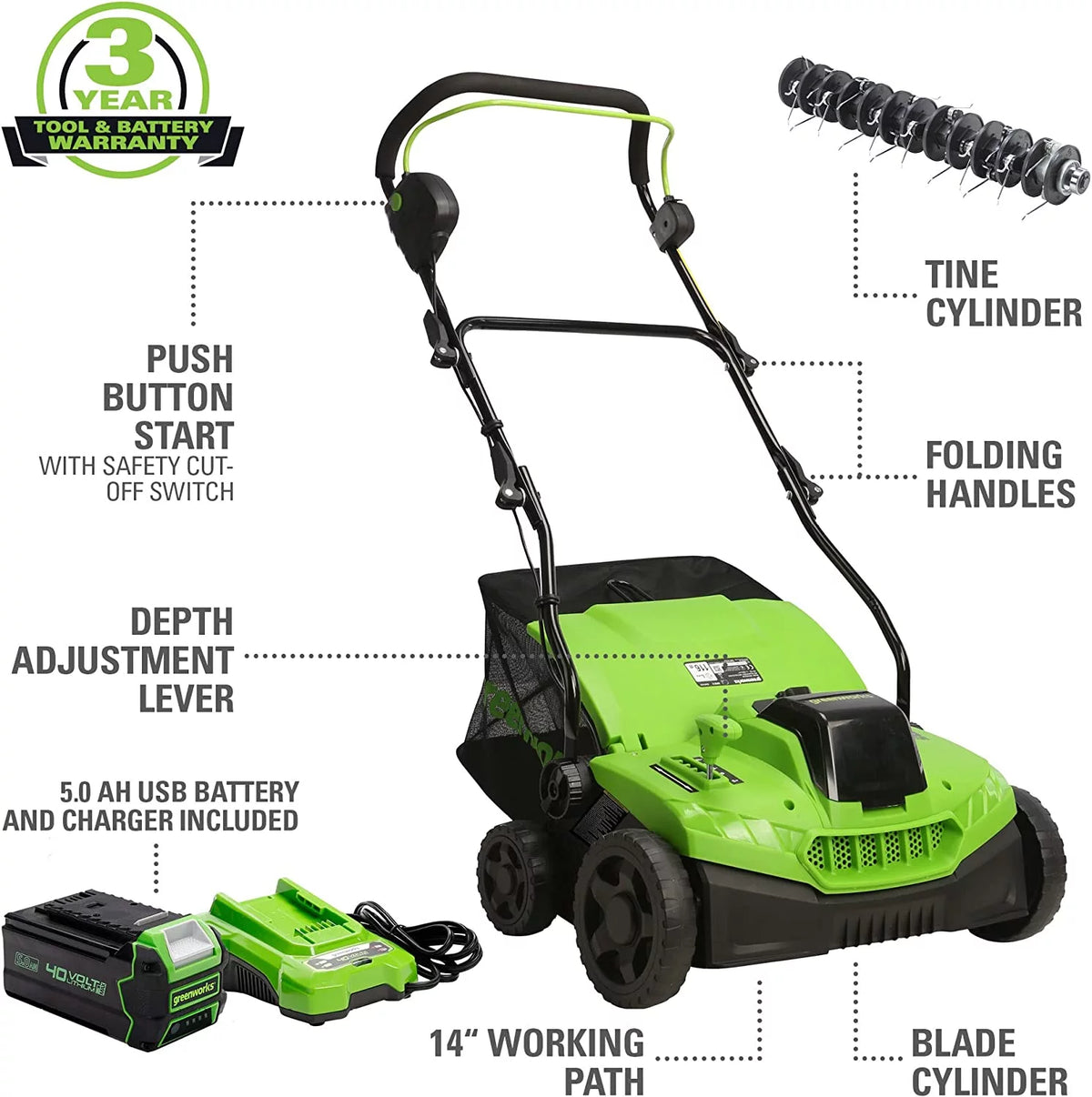 40V 2-In-1 Dethatcher Scarifier with 5Ah Battery and Charger Q25912