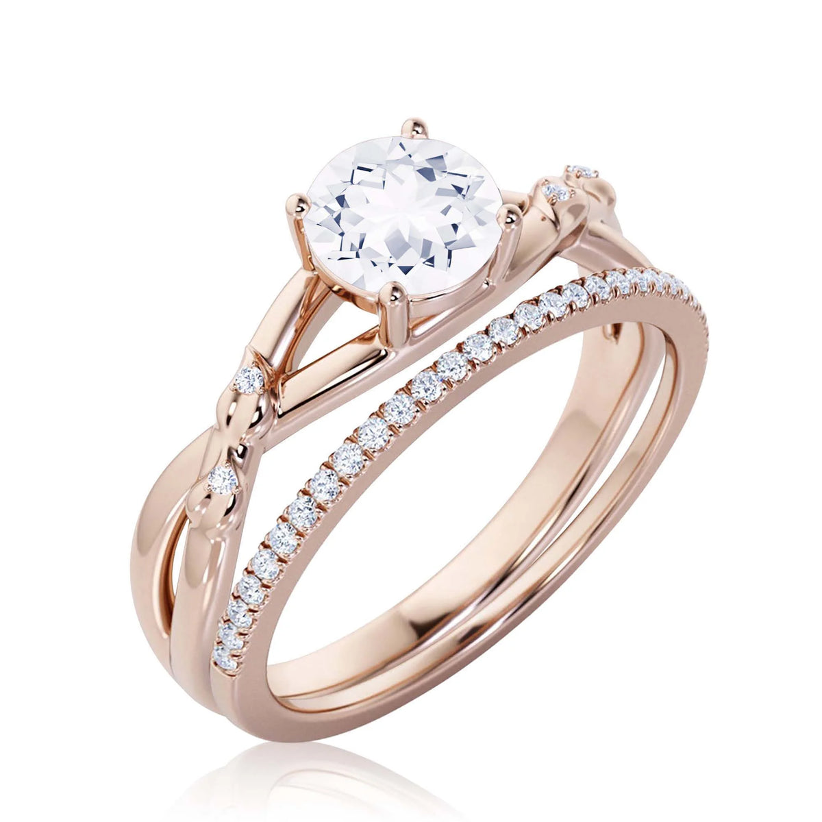 10k Solid Rose Gold Diamond Moissanite Engagement Ring with Matching Band O935484