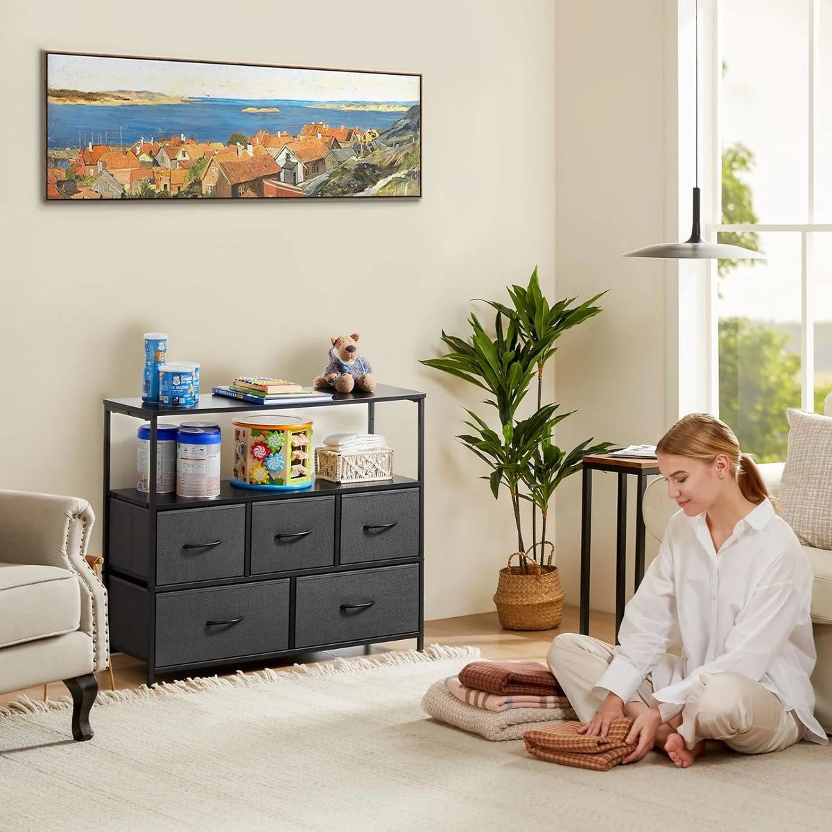 5 Fabric Drawer Dresser with Wood Top and Steel Frame K363