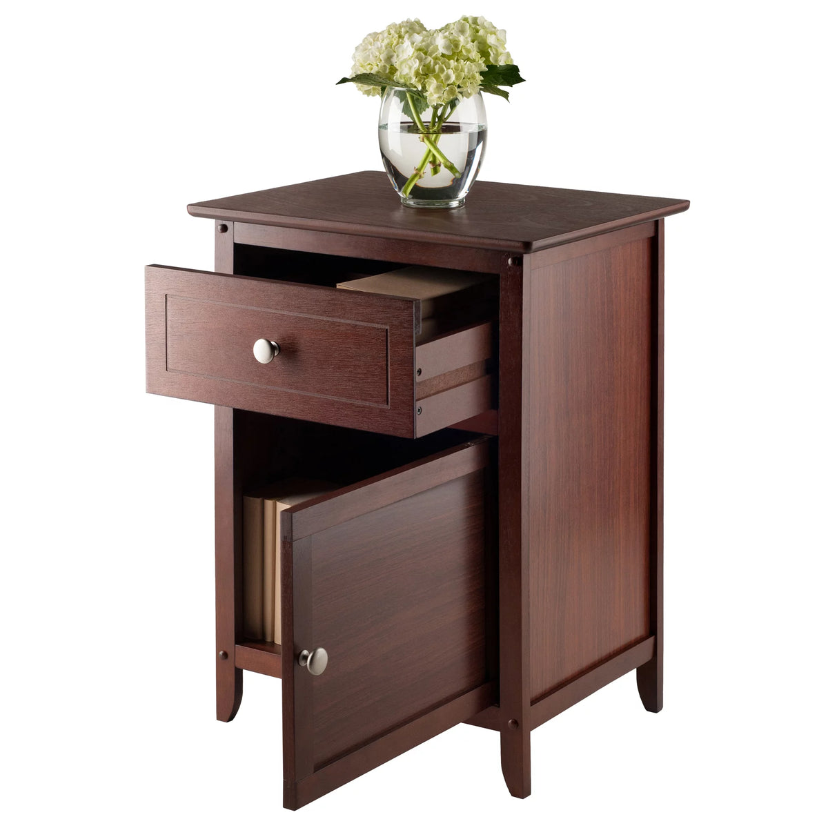 Walnut Wood Accent Table with Drawer and Door Cabinet E11511