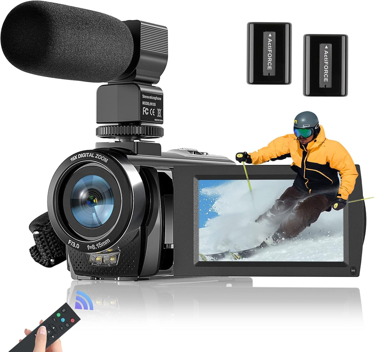 Full HD 1080P 24MP 30FPS 16X Zoom Digital Camera with 3.0 Inch 270° Rotation IPS Screen, Fill Light, Microphone, 2.4G Remote, 2 Batteries M8144
