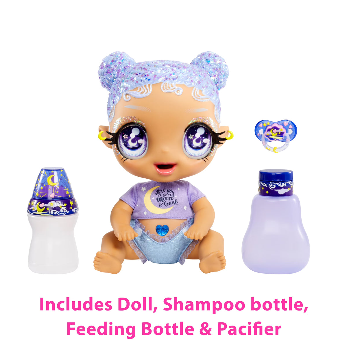 Pastel Purple Glitter Hair Baby Doll with Diaper, Bottle, Pacifier Accessories V586