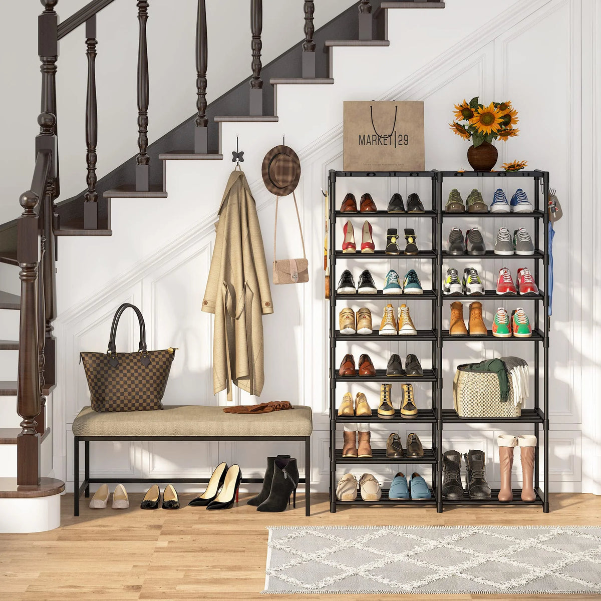 Black 9 Tiers Stackable Shoe Rack with 2 Hooks Y9711