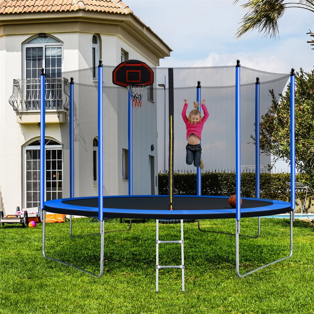 10FT Trampoline with Basketball Hoop, Inflator, Ladder, Safety Enclosure Net, Blue V284