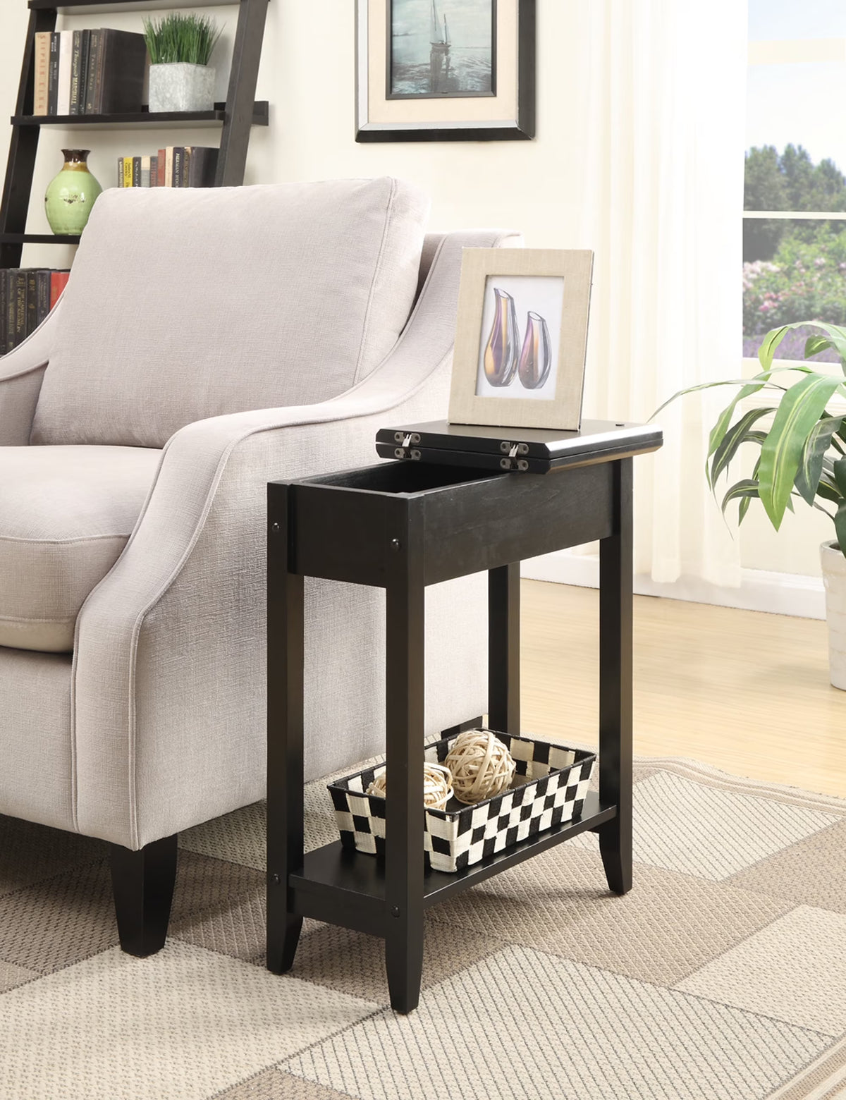 Black Flip Top End Table with Shelf A1634