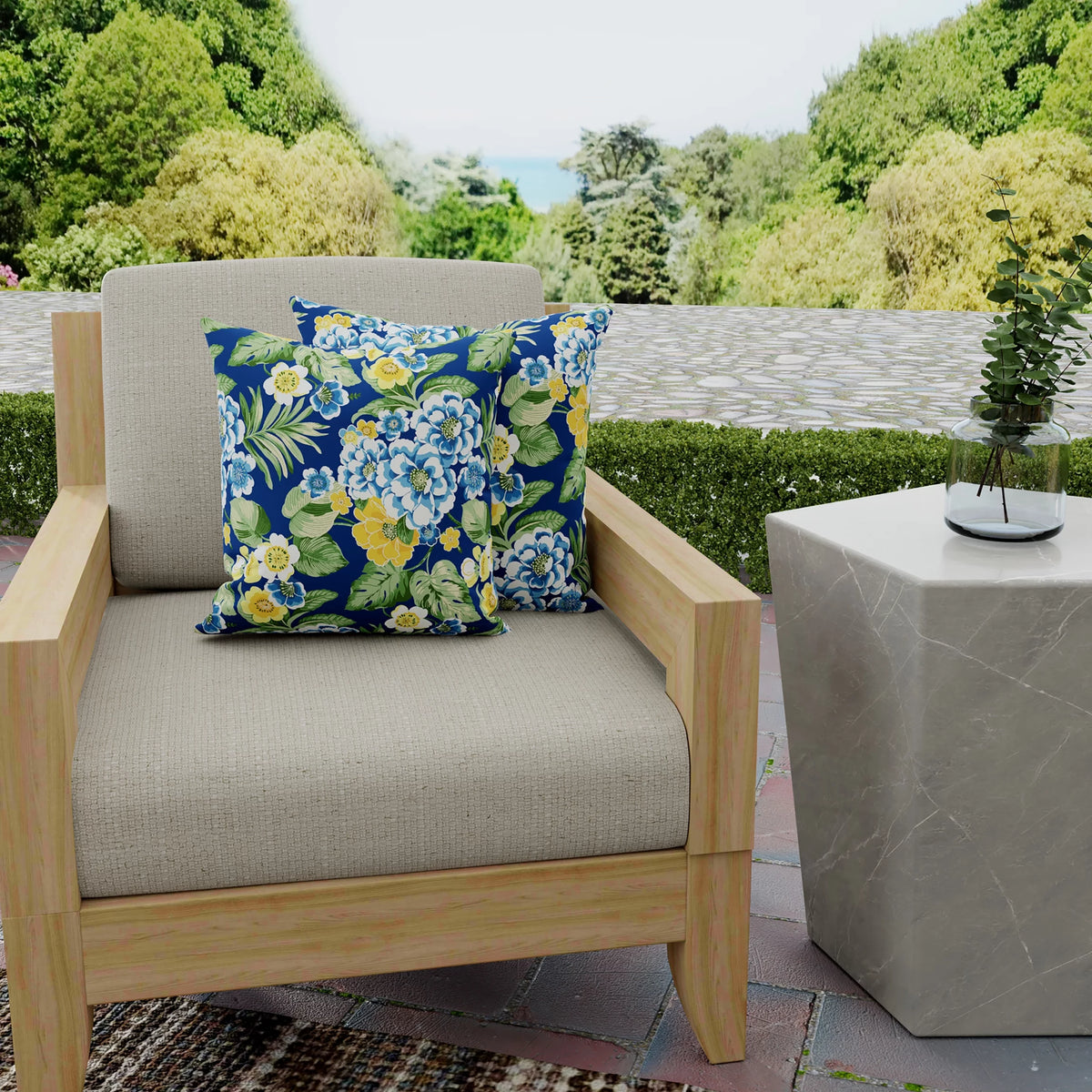 Lapis Blue Floral Square Outdoor Throw Pillow 2 Pack F84507