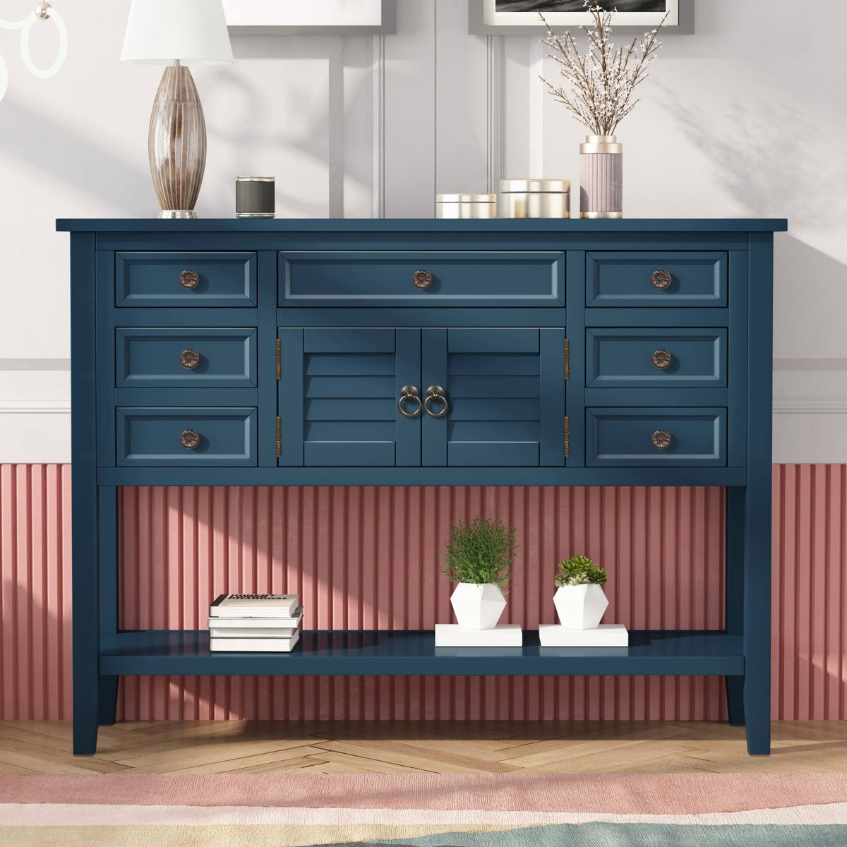 Blue 7 Drawer Console Table with Cabinet I60613