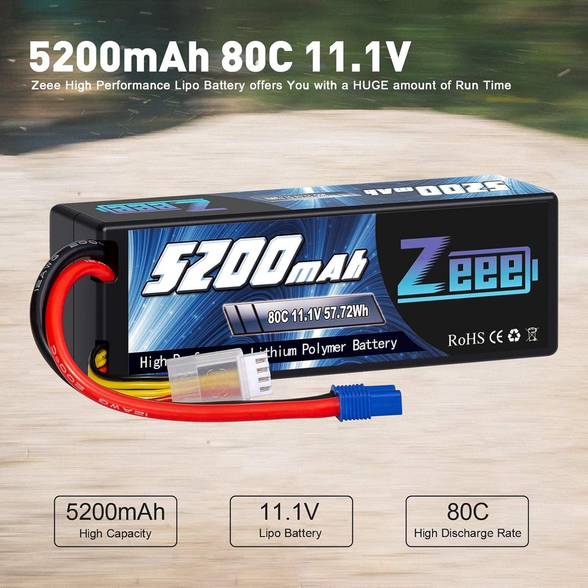 3S Lipo Battery 5200mAh 11.1V 80C with EC3 Plug Hard Case Battery (2 Pack) P459979