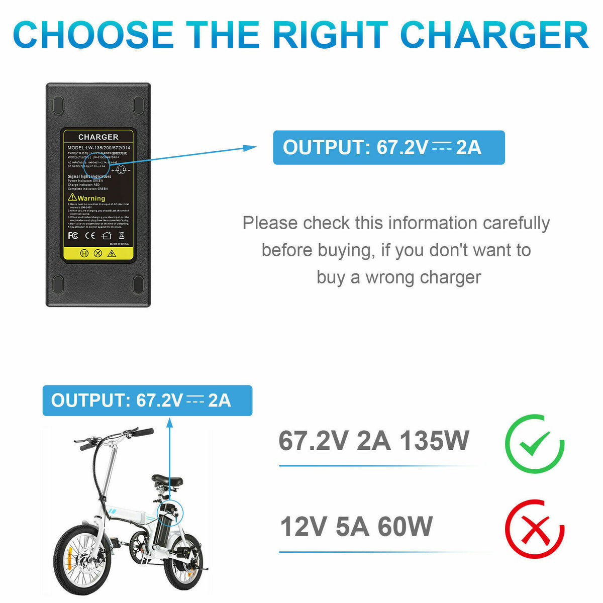 67.2V 2A T Plug Charger for 60V Li-ion Battery Electric Scooter E-bike Bicycle K2336